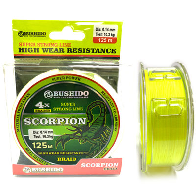 Плетёный шнур BUSHIDO Scorpion 4X Yellow 0.14мм 125м Плетёный шнур BUSHIDO Scorpion 4X Yellow 0.14мм 125м